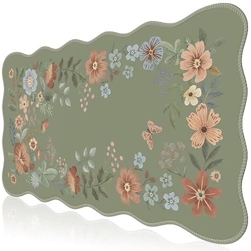 iCasso Scalloped Desk Mat for Keyboard and Mouse, Scalloped Large Mouse Pad, Floral Desk Pad Mat, Anti-Slip Big Mousepad with Stitched Edges for Computer (Bean Green) - Image 1