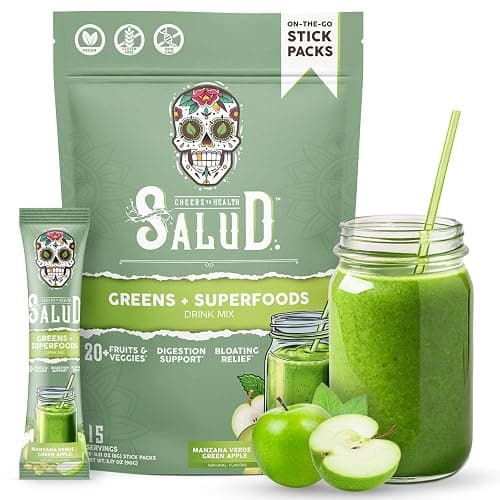 Salud 2-in-1 Greens Powder + Superfood Drink Mix Packets, 20+ Fruits and Veggies, Probiotics, Prebiotics, Supports Digestive Health, Bloating Relief, Vegan, Green Apple (15 Servings) - Image 1