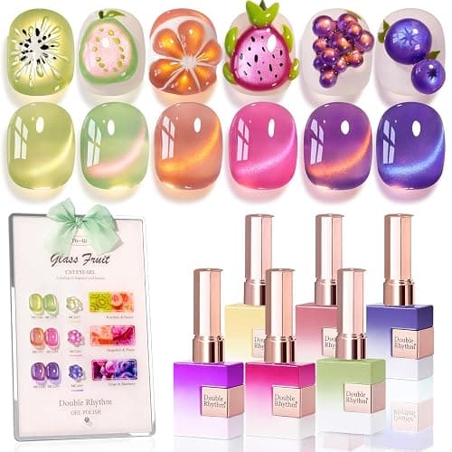 Double Rhythm Fruit Cat Eye Gel Nail Polish Set of 6 Same Color Same Bottle 0.5 Oz Shimmer Glitter with Magnet Holographic Reflective Magnetic UV Polish Kit at Home (Glass Rose Pink Green-T6-48) - Image 1