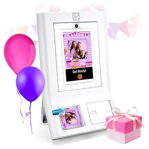 HP Sprocket Photo Booth Machine Instant Color Photo Printer - 10.1" Touchscreen, LED Ring Light - Customize w/250+ Fun Frames, Prints on 3x4 Zink Paper or Share via QR Code, Mobile Notify App - White - White - Photobooth - Image 1