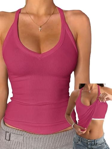 Danysu V Neck Cotton Tank Tops with Built-in Shelf Bra Sleeveless Racerback Fitted Basic Cami Shirts - Image 1
