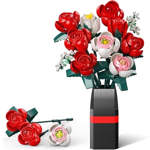 MONOFUN Flower Bouquet Building Set with Vase, 841Pcs DIY Roses Block Kit for Kids Adults, Creative Home Office Decoration, Valentine’s Day Birthday - Image 1