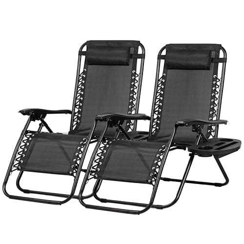 Nazhura Set of 2 Relaxing Recliners Patio Chairs Adjustable Steel Mesh Zero Gravity Lounge Chair Beach Chairs with Pillow and Cup Holder Black - Image 1