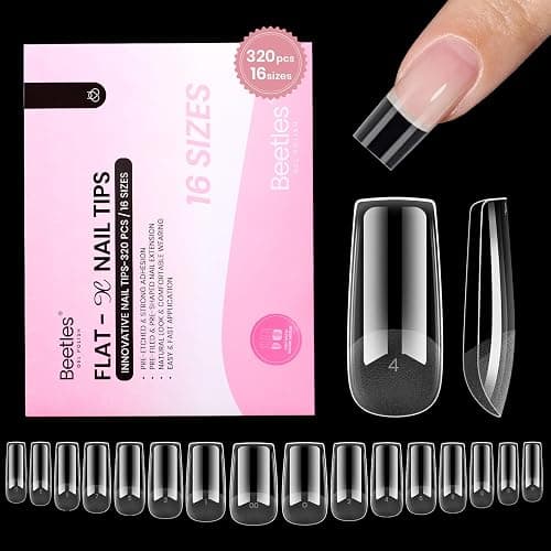 Beetles Gel Nail Tips Flat-X - Square Medium, 320pcs 16 Sizes, Pre-Etched Half Matte Full Cover Soft Acrylic Press on False Nail Extension Tips Easy DIY Salon Art for Flat & Natural Nail Beds - Image 1