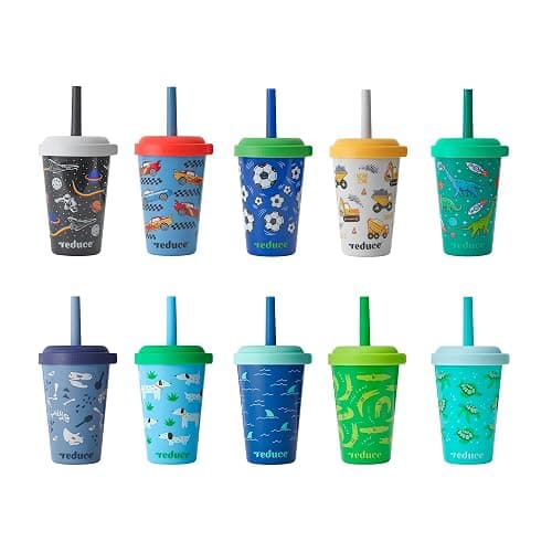 REDUCE GoGo's Kids Portable Tumbler Cups with Lids and Spill-Proof Straws - 10 Pack of Stackable 12 oz Tumblers with Twist-On Lids - Easy Storage, Dishwasher Safe - Club House - Image 1