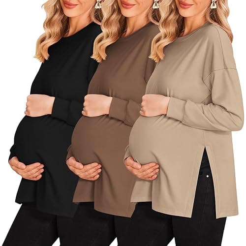 Ekouaer Womens 3 Packs Maternity Shirts Long Sleeve Side Ruched Pregnancy Tee Workout Top Tunic Blouse Mama Clothes - Image 1