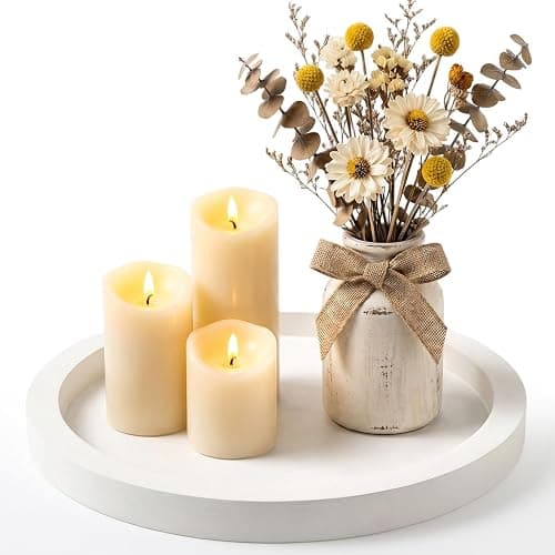 Candle Plate Holder Round Wooden Decorative Tray for Coffee Dinner Table Centerpiece Rustic Farmhouse Wood Trays Kitchen Counter White Living Room Home Decor for Bathroom Vanity Accessories Tray - Image 1
