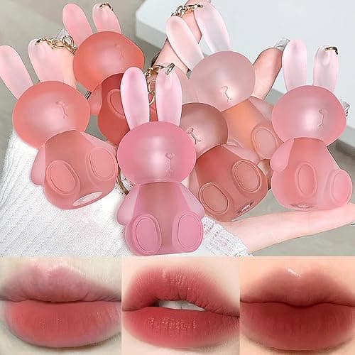 6 Colors Velvet Matte Liquid Lipstick set, Cute Rabbit Lip Glaze 2 in 1 Key Chain Lip Gloss Lip Stain, Waterproof Non-Stick Cup Long Lasting Lip Clay Cute Lip Makeup for Girls - Image 1