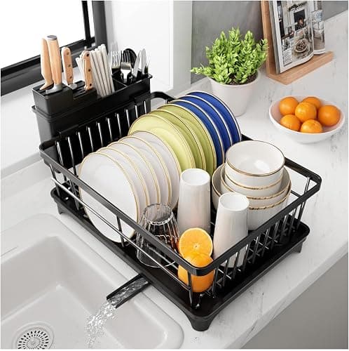 PurKeep Dish Drainer Rack - Space-Saving Dish Rack with Utensil Holder for Kitchen Counter, Large Capacity Dish Drying Rack with Draining Board, Black - Image 1