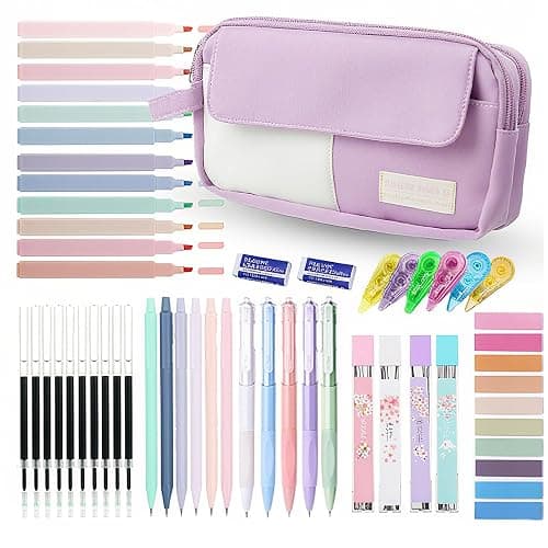 42 Pcs Aesthetic School Supplies with Cute Pencil Case, 12 Highlighters, 5 Black Ink Gel Pens, 6 Mechanical Pencils, Big Capacity Pencil Pouch, Stationary Set for Student, Gift Back to School - Image 1