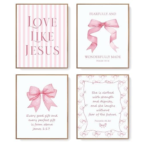 LARTSFRO Coquette Pink Bow Jesus Wall Art Decor Posters, Light Pink Bow Christian Room Bedroom Bathroom Dorm Wall Art Decor Aesthetic for College Teen Girls Gifts, Inspirational Bible Verses Bow Wall Decor, 10x8 Inch Set of 4 Bow Pictures (UNFRAMED) - Image 1