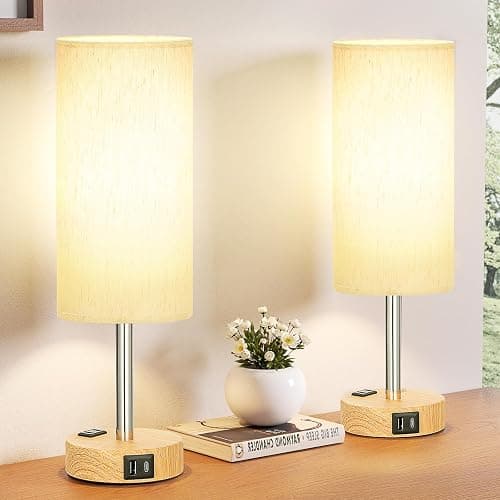 Fenmzee Small Touch Table Lamps Set of 2-3-Way Dimmable, USB A + C Charging, AC Outlet, Wood Grain Base, Bulbs Included - Image 1