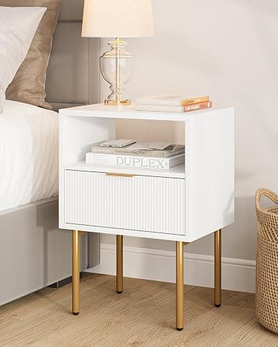 HEYZOEY Bedside Table, Small Bedside Cabinet with Drawer and Storage Shelf, Wooden Nightstand End Sofa Side Table with Gold Frame for Bedroom, Living Room, White, 1 Drawer - Image 1