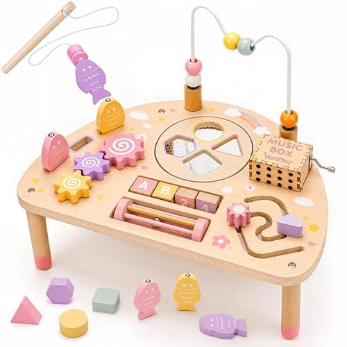 Vanplay Activity Table for 1 Year Old Girls Gifts, Montessori Busy Board Toys for Toddler 1-3, 8 in 1 Wooden Sensory Learning Activities Game for 1 2 3 Year Old Baby Girl Christmas Birthday Gifts - Image 1