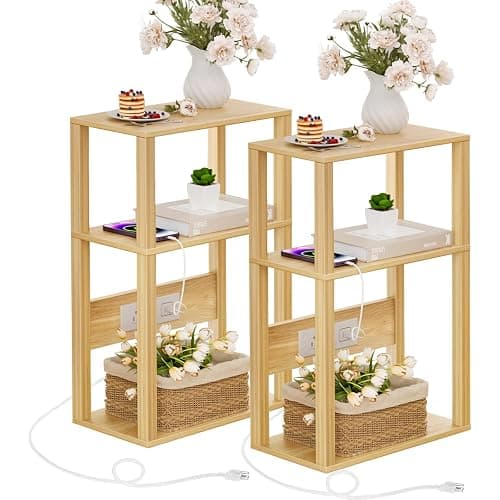 YUFAM 3 Tier Small Narrow Bamboo Side Table Set of 2 with Charging Station - Skinny Nightstand for Small Spaces, Slim Bedside Table with USB Ports and Outlets - Thin End Table with Storage, Natural - Image 1