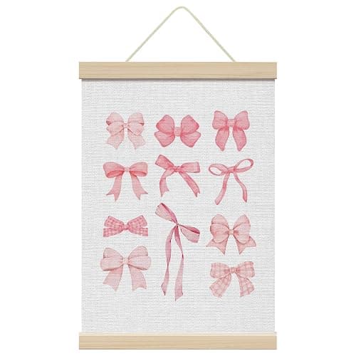 Coquette Pink Bow Wall Art Poster Hanger with Wooden Frames, Bow Room Paintings Wall Decor,Pink Canvas Prints Decor Framed for Bedroom Bathroom Dorm Living Room, 12x16 Inch /24 - Image 1