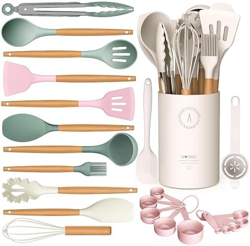 Silicone Cooking Utensils Set - AVGPD Silicone Kitchen Utensils for Cooking Wooden Handles, 446°F Heat Resistant Kitchen Utensil Spatula Sets, Gadgets for Non-Stick Cookware BPA FREE (Multicolour) - Image 1