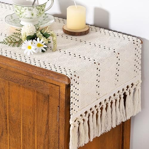 Socomi Boho Table Runner Easter Spring Farmhouse Rustic Dining Kitchen Centerpiece Decor Small Macrame Woven Cotton Linen Coffee Table Runner for Dresser Scarf Home Decor 12x36 inch Cream Ivory - Image 1