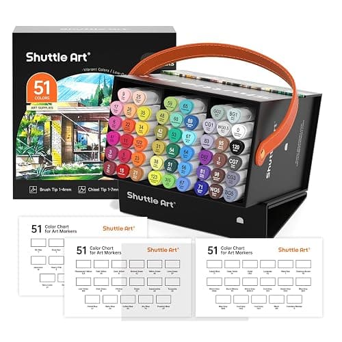Shuttle Art Alcohol Markers Brush tip, Dual Tip Brush & Chisel Tip Art Marker Set, 50 Colors plus 1 Blender Permanent Marker Pens with Case Perfect for Illustration Students Adults Coloring - Image 1