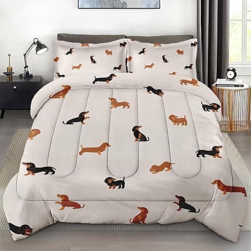 Zzzboro Comforter Set with 2 Pillowcases Queen Size, Cute Happy Dachshund Dog Puppy, Bedding Decor Cartoon Animal Pug Geometric Brown for Kids and Adults, Soft Cozy Bedroom Bed Set - Image 1