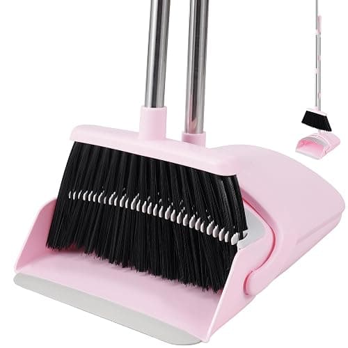 BSKLIN Pink Broom and Dustpan Set, 52” Long Adjustable Handle Broom with Dustpan Combo Set with Dust Pan Teeth to Clean Hair for Home Lobby Office - Image 1