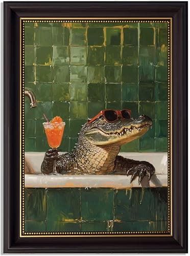 Devunaty Framed Animal Bathroom Wall Art Funny Crocodile Picture Painting Vintage Green Bathroom Wall Decor Crocodile Sitting in The Bathtub Drinking Cocktails Poster for Toilet Restroom 9x11in - Image 1