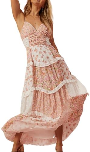 Cute Floral Long Sundresses for Women Boho Smocked Spaghetti Strap Dress Y2k Flowy Beach Ruffle Backless Maxi Dress - Image 1
