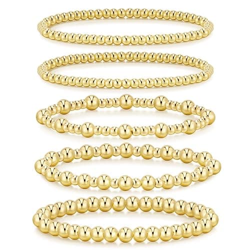 adoyi Gold Bracelets for Women Waterproof, 14K Gold Plated Beaded Strand Bead Ball Bracelets stack Adjustable Jewelry Set for Gifts - Image 1