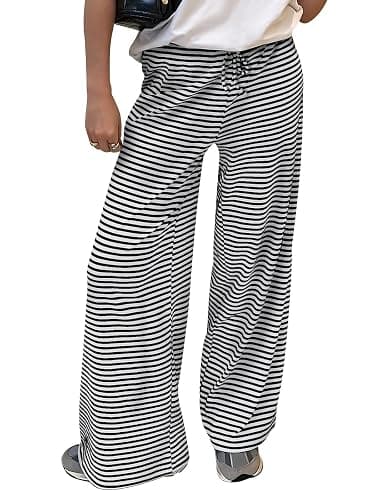 Trendy Queen Womens Striped Ribbed Wide Leg Pants Casual Drawstring Elastic Waist Baggy Sweatpants with Pockets - Image 1