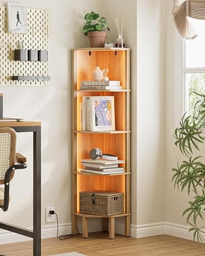 Apetaccat Corner Shelf Stand, 5 Tier Corner Bookshelf with Light,Corner Furniture for Bedroom Display Corner Shelf for Small Space,Wood Shelves with Storage Rack for Living Room,Office,Oak - Image 1