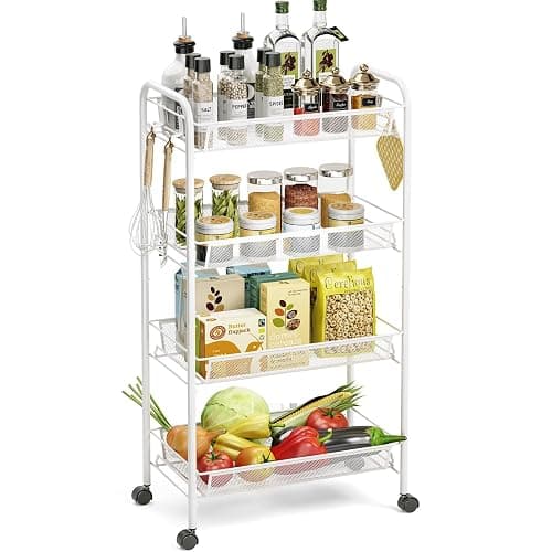TOOLF 4-Tier Rolling Cart, Metal Utility Cart with 3 Hooks, Easy Assemble Mobile Storage Trolley On Wheels, Metal Shelving Units Kitchen Bathroom Laundry Room - Image 1