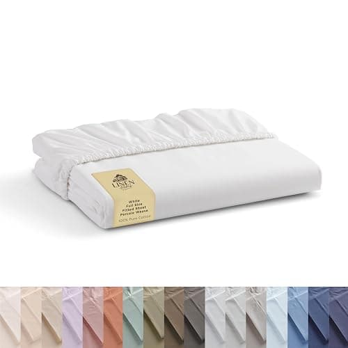 Linen Home 100% Cotton Percale Weave Fitted Sheet, Full Size, White, 1 Deep Pocket Fitted Sheet, Fits Mattress Upto 16" Crisp and Cool Strong Bed Linen, 54"X75"+15" - Image 1