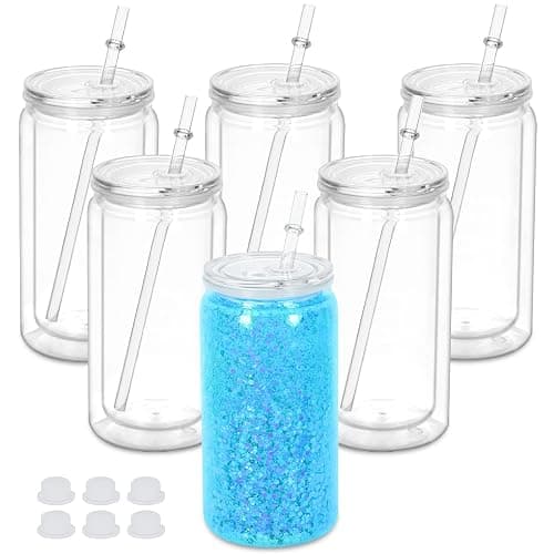 Maucircol 16 Oz Plastic Snowglobe Tumbler, 6 Pack Pre-Drilled Double Wall Plastic Clear Cup for Glitter Snow Globe Diy, Double Wall Snowglobe Cup with Clear Lid - Image 1