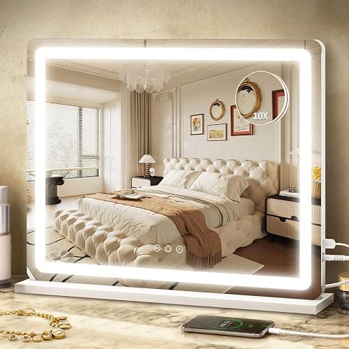 ROLOVE 23"x 18" Large Vanity Mirror with Lights, LED Makeup Mirror for Dresser and Desk, 10X Magnification, Dimmable Touch Control, Wall Mounted or Tabletop Mirror for Bedroom (White) - Image 1