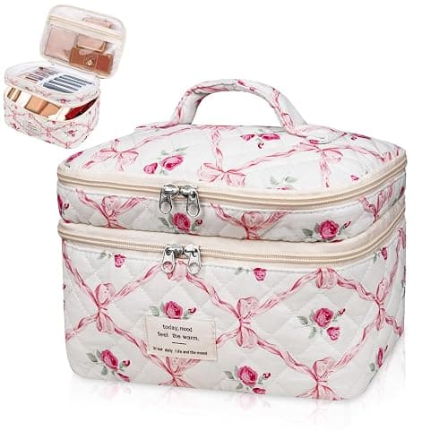 Gosect Makeup bag, Large Cosmetic Bag for Women Girls, Cute Quilted Makeup Bags, Floral Coquette Aesthetic Toiletry Bag, Travel Make Up Organizer Bag (Pink) - Image 1