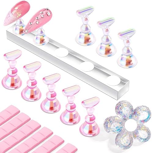 Makartt Press on Nails Stand: Clear and Pink Nail Holder for Painting Nails, Stands for Art Display Practice, Magnetic Clear Glitter Flower Fake Holders with Reusable Adhesive Putty for Home Salon DIY - Image 1