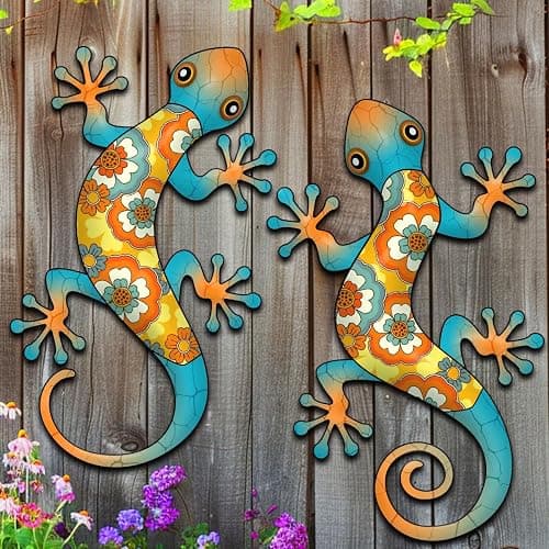 Liosecgar Gecko Outdoor Wall Decor, 2 Pcs 11.8 inch Metal Gecko Wall Hanging Sculpture for Indoor Outdoor, Garden Yard Fence Porch Home Tree Decorations, Idea Gifts for Mom Father Friend - Image 1