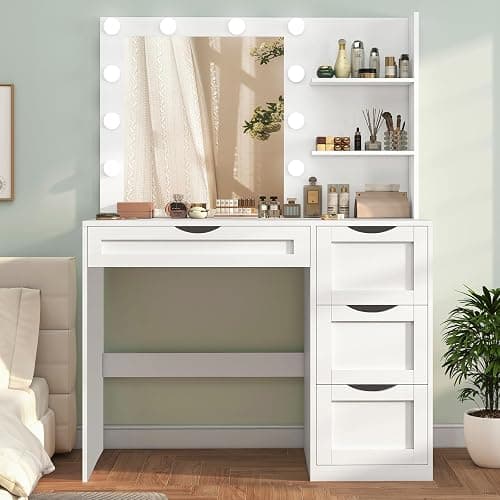 usikey Vanity Desk with Mirror and 10 LED Lights, Makeup Vanity Table Set with 4 Drawers, Make Desk Dressing Table with 2 Storage Shelves, Vanity Set 3 Lighting Modes for Bedroom, Girls Vanity,White - Image 1