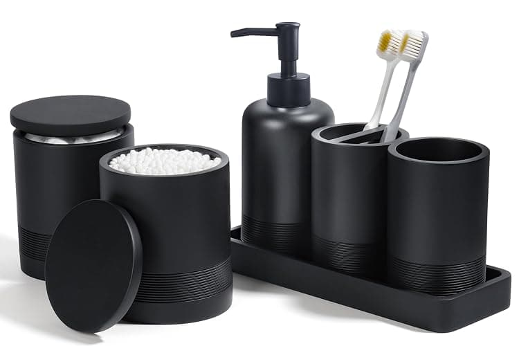 Bathroom Accessories Set, 6-Piece Bathroom Accessory Set, Toothbrush Holders Set, Soap Dispenser, Vanity Tray, Tumbler, Cotton Swab Jars, Bathroom Organizer for Modern Bathrooms(Matte Black) - Matte Black - Image 1
