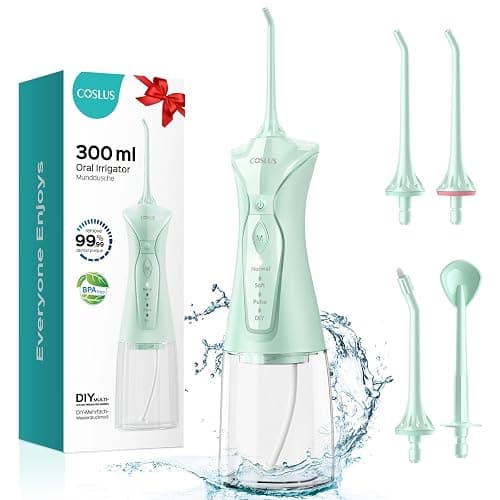 COSLUS Water Dental Flosser Teeth Pick: Portable Cordless Oral Irrigator 300ML Rechargeable Travel Irrigation Cleaner IPX7 Waterproof Electric Water Dental Flosser for Teeth Cleaning F5020E Green - Image 1