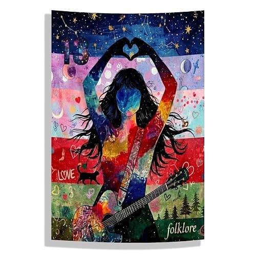 Pop Music Icon Wall Art Tapestry Poster - Heart Hand & Guitar Design | Hanging for Girls Room Decor, Teen Fan Gifts, Music Lover Bedroom & Party Backdrop - 39"x59" - Image 1