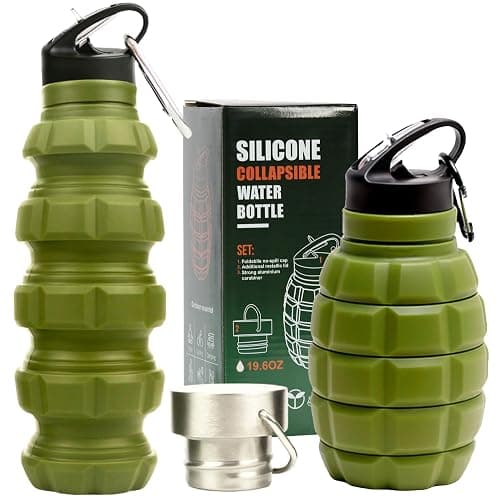 YARO Collapsible Water Bottles, 20oz Water Bottle with 2 Lids and Carabiner, Green Travel Water Bottle, Silicone Water Bottle BPA-Free, Slim Foldable Hiking Bottle - Image 1