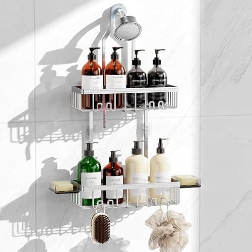 HavBeat Shower Caddy Hanging, Never Rust Shower Organizer Hanging, Aluminum Shower Racks for Inside Shower with Hooks for Razor, Bathroom Organizers and Storage with Soap Holder, Bright Silver - Image 1