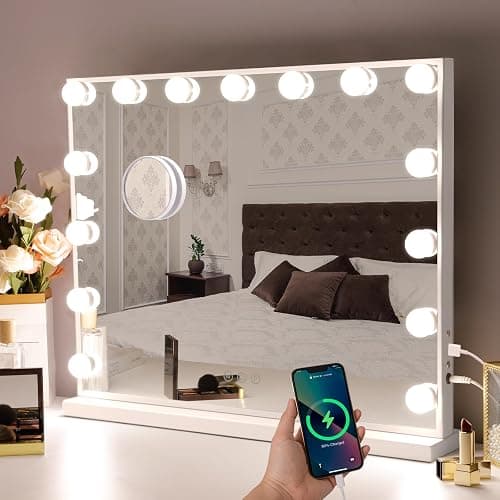 Hansong Vanity Mirror with Lights: Hollywood Lighted Makeup Mirror with 15 LED Bulbs, 22.8''x18'' Light Up Mirror with 3 Colors Modes for Desk, Large Mirrors with USB Charging Port for Bedroom, White - Image 1