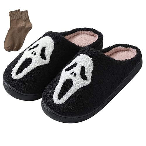 BOOUKILE Happy Face Slippers for Women Men,Retro Soft Cozy Comfy Plush Lightweight House Slippers Slip-on Indoor Outdoor Slippers,Slip on Anti-Skid Sole - Image 1