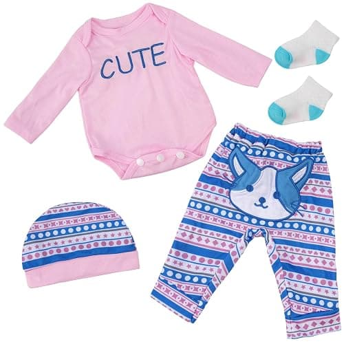 BABESIDE 4 Pcs Reborn Baby Doll Clothes Set for 17-22 Inch Babydolls, Cute Cat Pattern Baby Doll Accessories with Hat Socks for Realistic Baby Dolls Accessories, Pink - Image 1