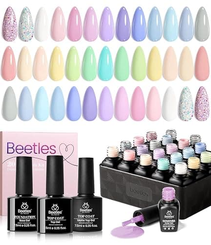 Beetles Gel Nail Polish - 20 Pcs Pastel Paradise Soak Off, Nude Gray Pink Blue Glitter Gel Polish Starter Kit with Glossy Matte Top Base Gel Coat Manicure Kit - Image 1