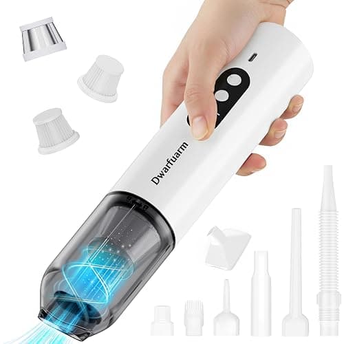 Dwarfuarm Car Vacuum Cleaner, 5-in-1 Portable Mini Cordless Handheld Vacuum with 16000pa Suction Power, Type-C Charge, 2 Suction Modes, LED and SOS for Car, Office Desk, Keyboards (White) - Image 1