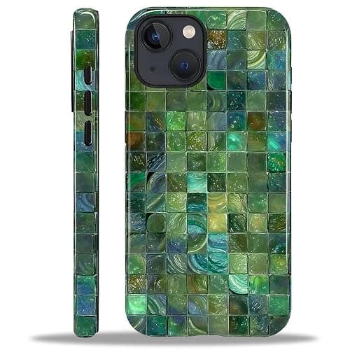 Kapadiy Case for iPhone 15 Case,Green Toned Glass Mosaic Patten Design - Hybrid Dual Protection Silicone + Hard PC Shockproof Full Body Cover Slim Anti-Scratch Protective Case for Men Women - Image 1