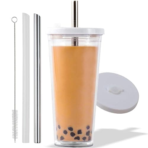 Reusable Boba Cup for Large Size Bubble Tea (24 Oz), Angled Straws, Leak Proof Design, Double Wall Insulated Bubble Tea Cup - 24 Oz (Large) - Image 1